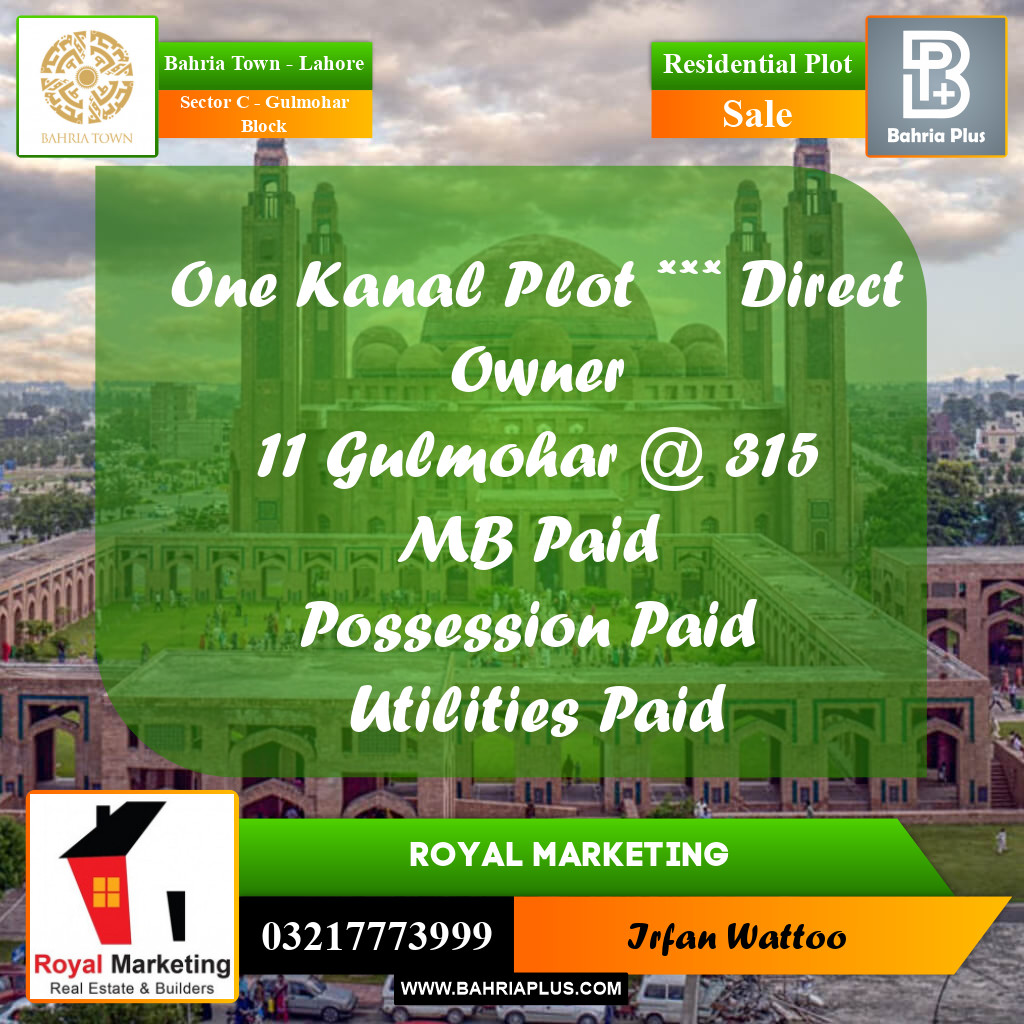 20 Marla Residential Plot for Sale in Sector C - Gulmohar Block -  Bahria Town, Lahore - (BP-273496)