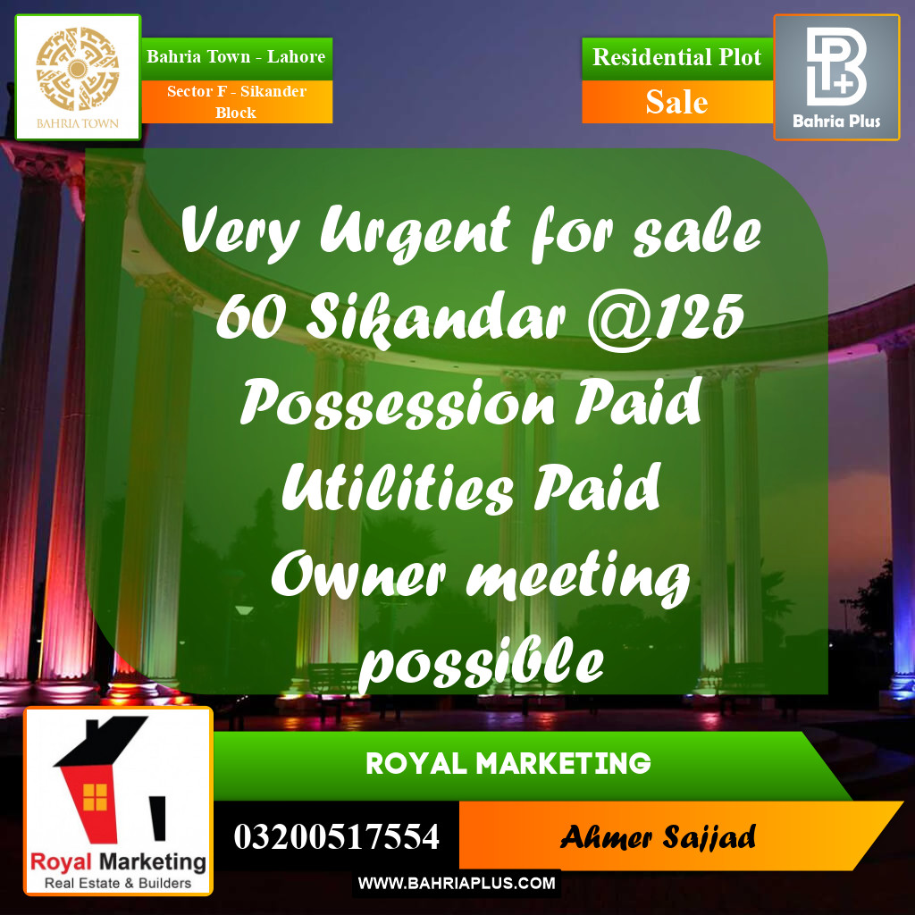 Residential Plot for Sale in Sector F - Sikander Block -  Bahria Town, Lahore - (BP-273543)