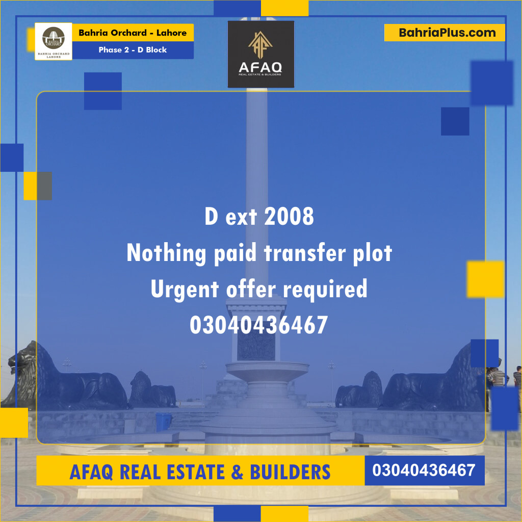 5 Marla Residential Plot for Sale in Phase 2 - D Block -  Bahria Orchard, Lahore - (BP-273635)