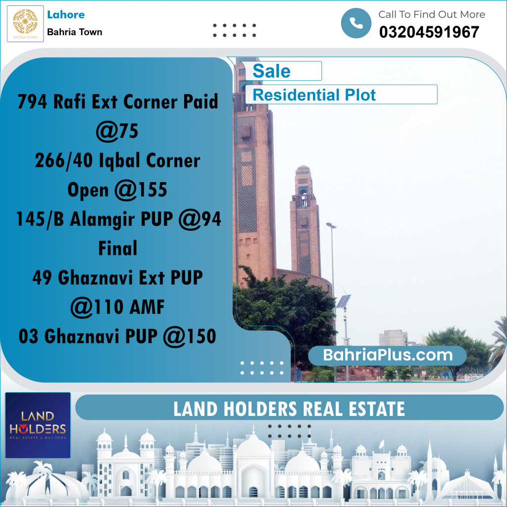 Residential Plot for Sale in Bahria Town, Lahore - (BP-273651)