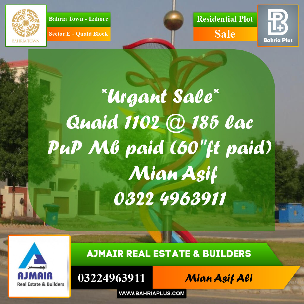 Residential Plot for Sale in Sector E - Quaid Block -  Bahria Town, Lahore - (BP-273969)