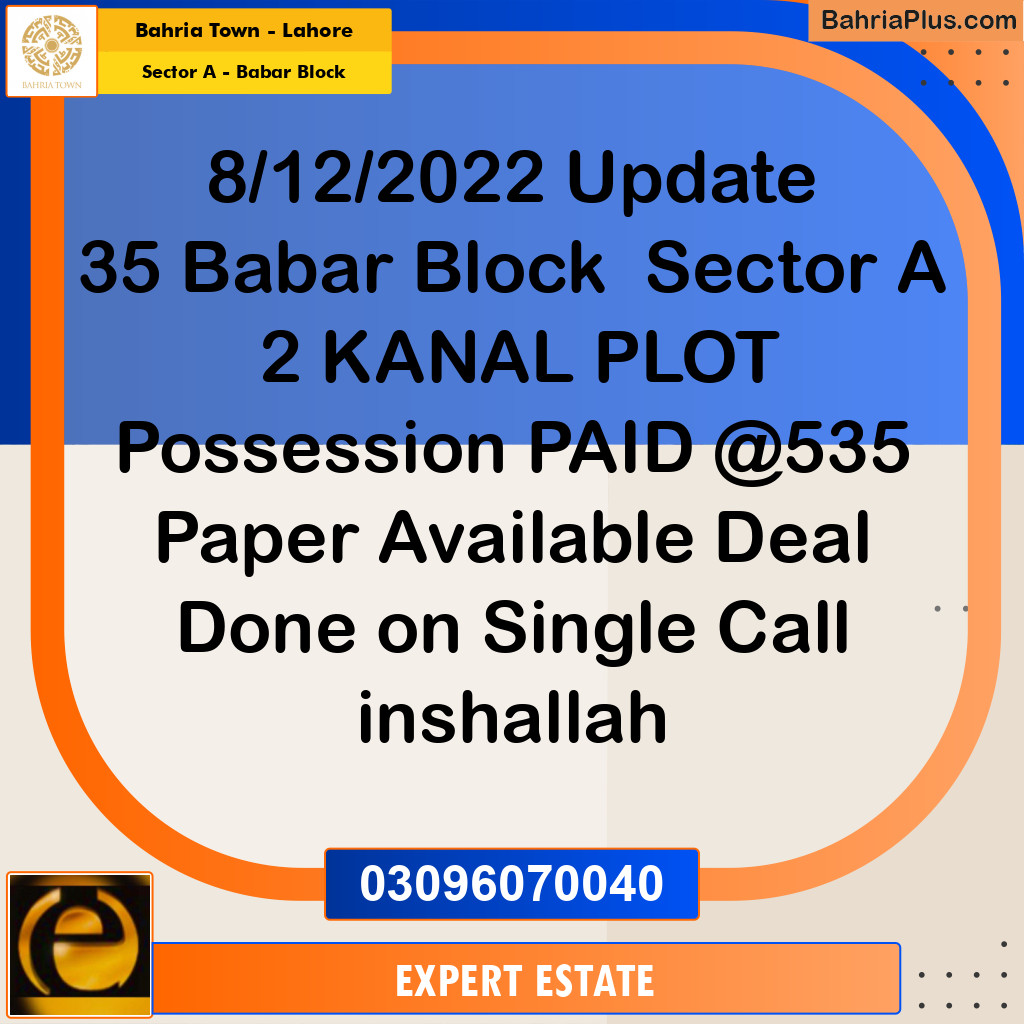 2 Kanal Residential Plot for Sale in Sector A - Babar Block -  Bahria Town, Lahore - (BP-274010)