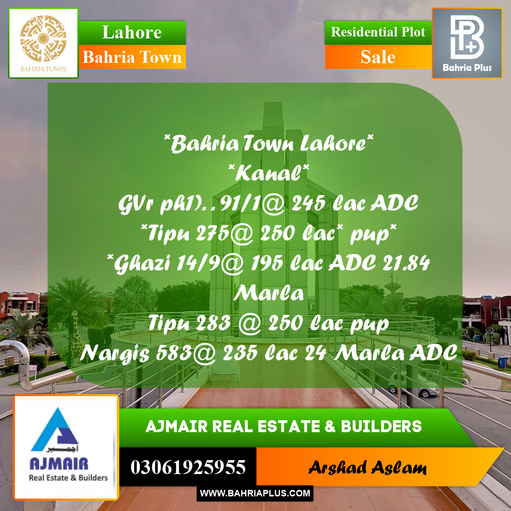 Residential Plot for Sale in Bahria Town, Lahore - (BP-274054)