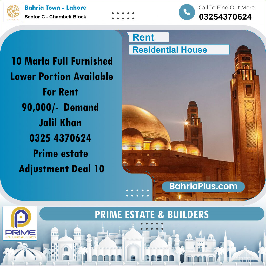10 Marla Residential House for Rent in Sector C - Chambeli Block -  Bahria Town, Lahore - (BP-274070)
