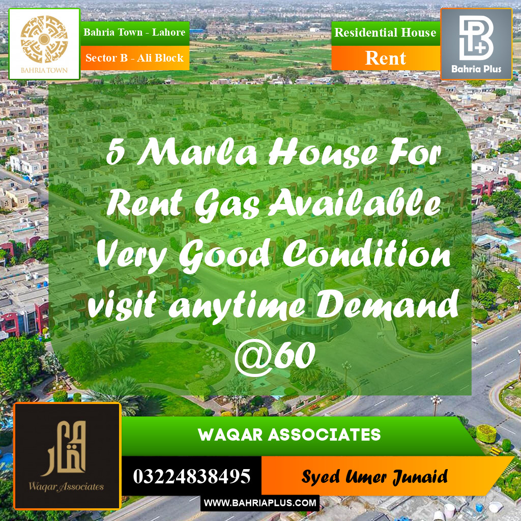 Residential House for Rent in Sector B - Ali Block -  Bahria Town, Lahore - (BP-274080)