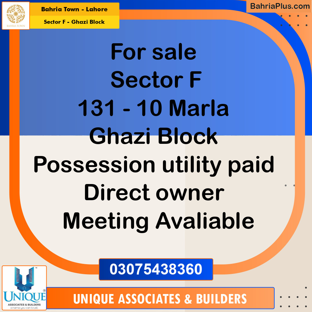 10 Marla Residential Plot for Sale in Sector F - Ghazi Block -  Bahria Town, Lahore - (BP-274203)
