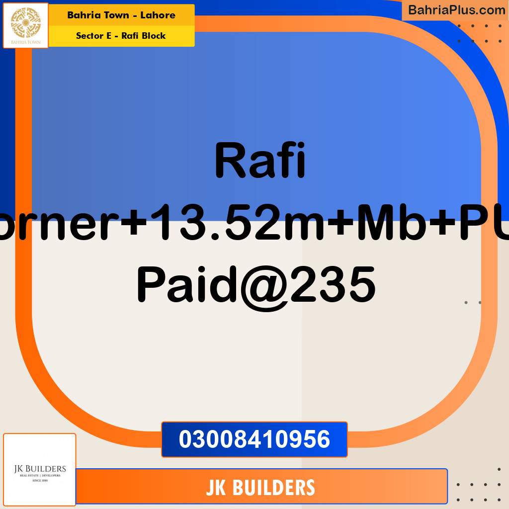 13.52 Marla Residential Plot for Sale in Sector E - Rafi Block -  Bahria Town, Lahore - (BP-274227)