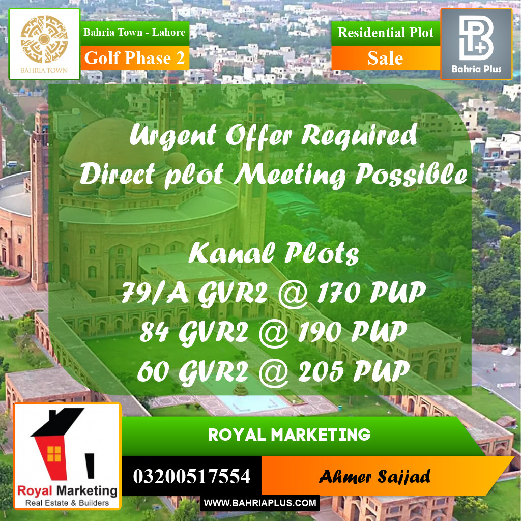 1 Kanal Residential Plot for Sale in Golf Phase 2 -  Bahria Town, Lahore - (BP-274251)