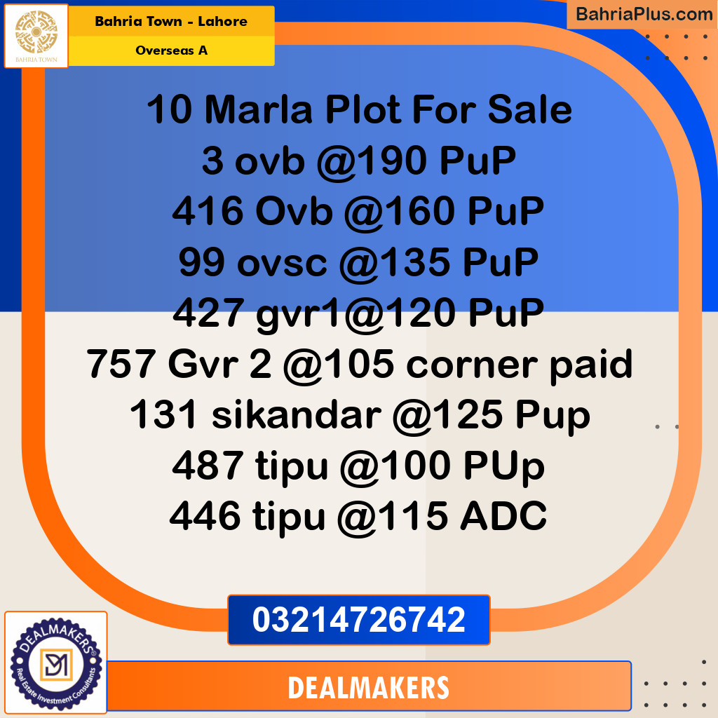 10 Marla Residential Plot for Sale in Overseas A -  Bahria Town, Lahore - (BP-274357)