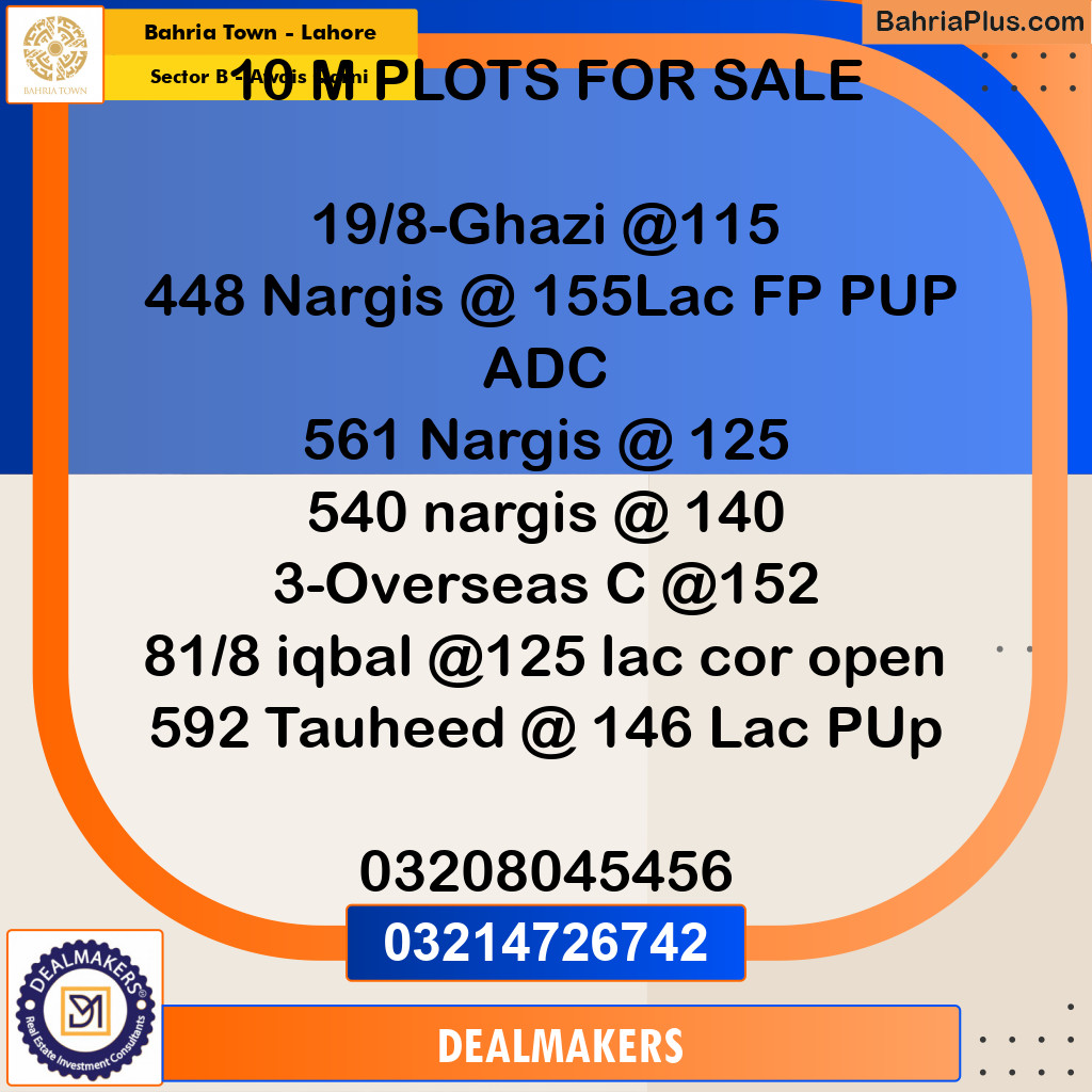 10 Marla Residential Plot for Sale in Sector B - Awais Qarni -  Bahria Town, Lahore - (BP-274385)