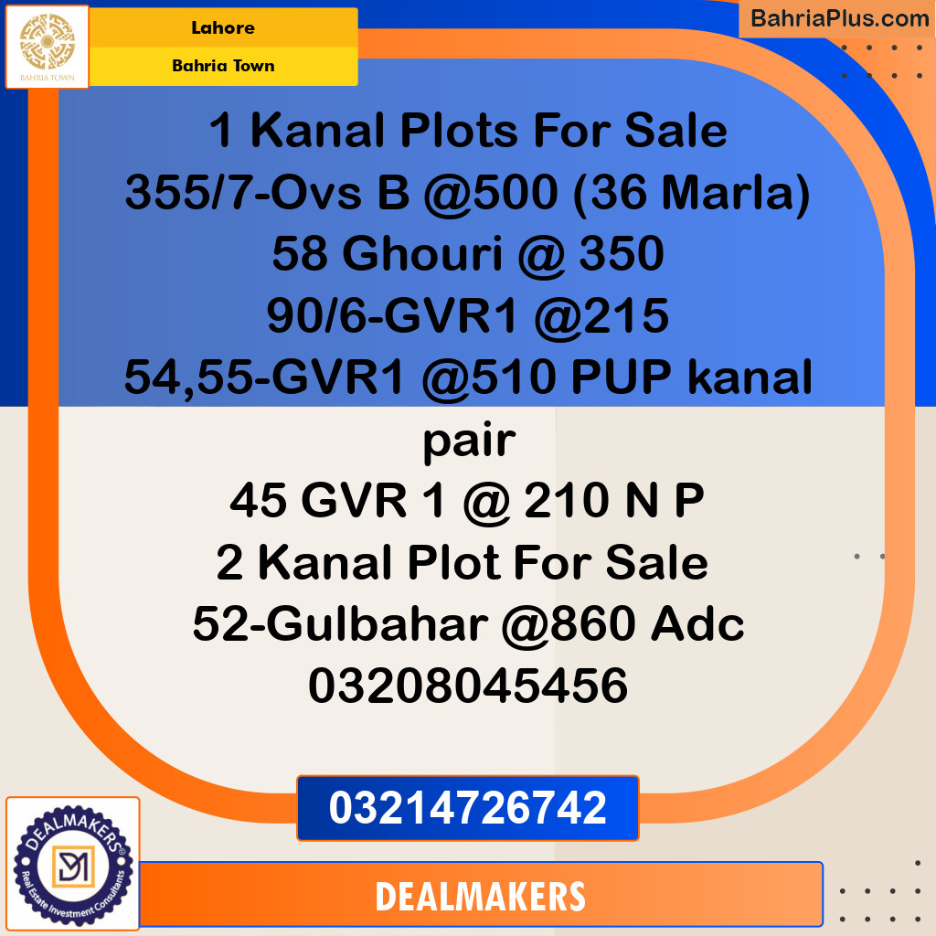 1 Kanal Residential Plot for Sale in Bahria Town, Lahore - (BP-274386)