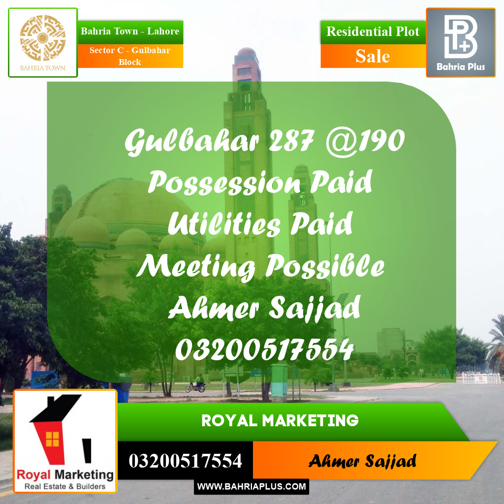 10 Marla Residential Plot for Sale in Sector C - Gulbahar Block -  Bahria Town, Lahore - (BP-274389)