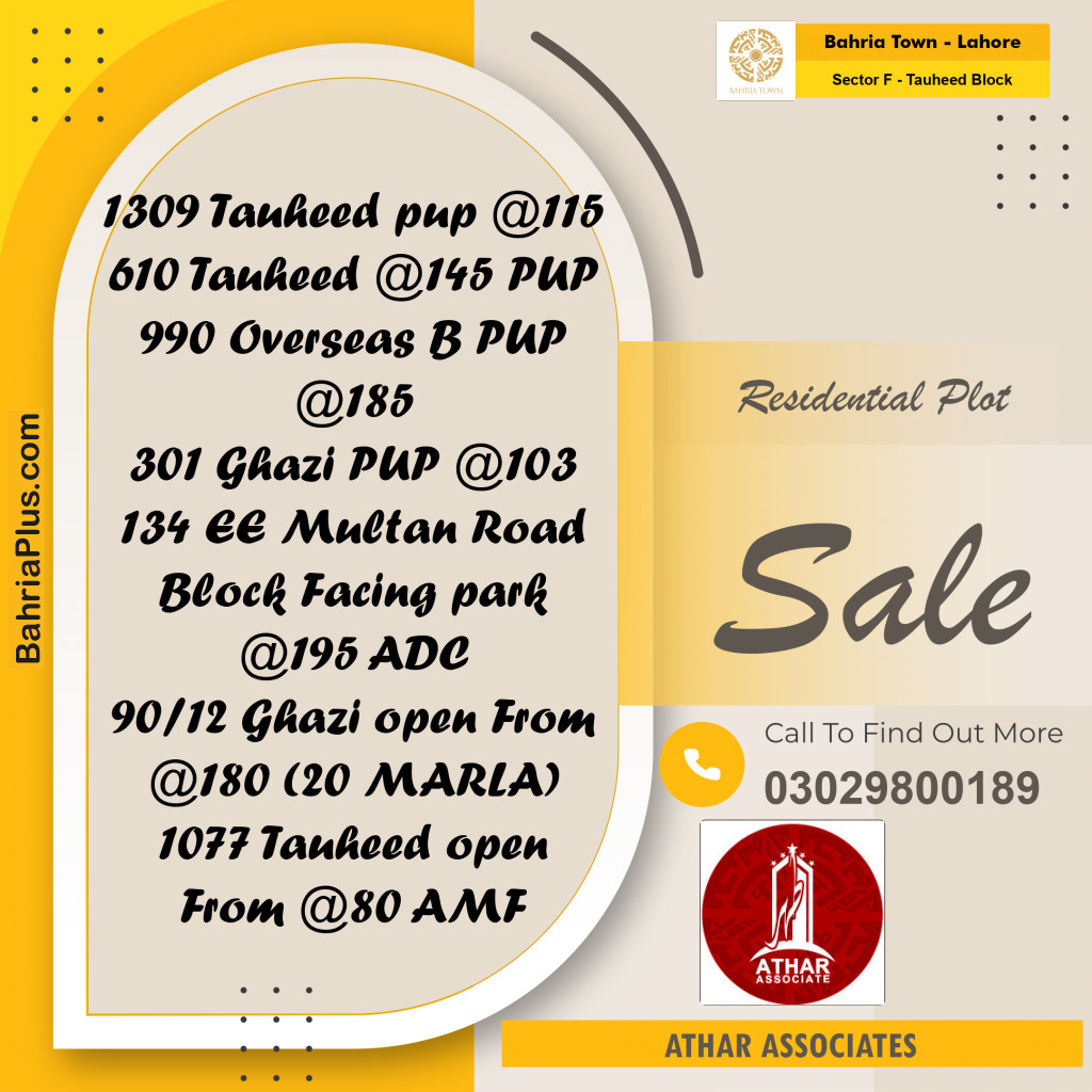 18 Marla Residential Plot for Sale in Sector F - Tauheed Block -  Bahria Town, Lahore - (BP-274423)