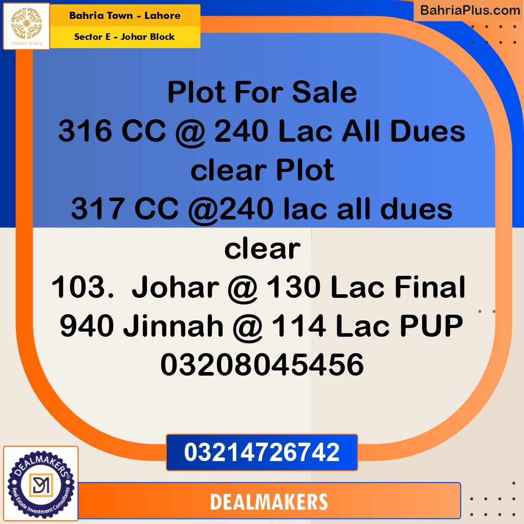 10 Marla Residential Plot for Sale in Sector E - Johar Block -  Bahria Town, Lahore - (BP-274434)