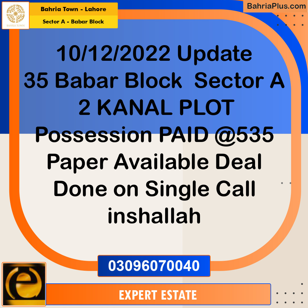 2 Kanal Residential Plot for Sale in Sector A - Babar Block -  Bahria Town, Lahore - (BP-274526)