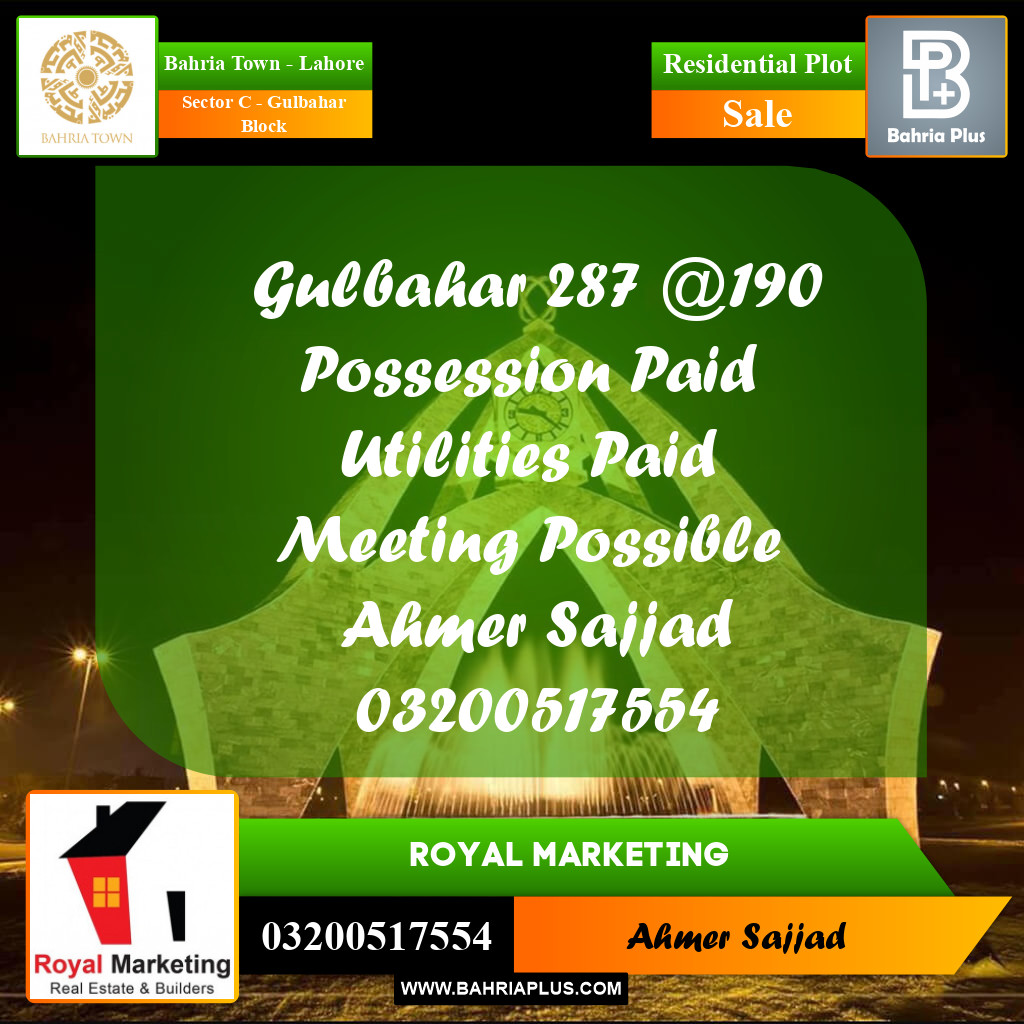 10 Marla Residential Plot for Sale in Sector C - Gulbahar Block -  Bahria Town, Lahore - (BP-274552)