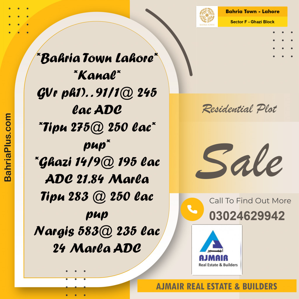 20 Kanal Residential Plot for Sale in Sector F - Ghazi Block -  Bahria Town, Lahore - (BP-274576)