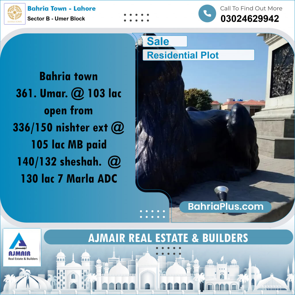 5 Marla Residential Plot for Sale in Sector B - Umer Block -  Bahria Town, Lahore - (BP-274581)