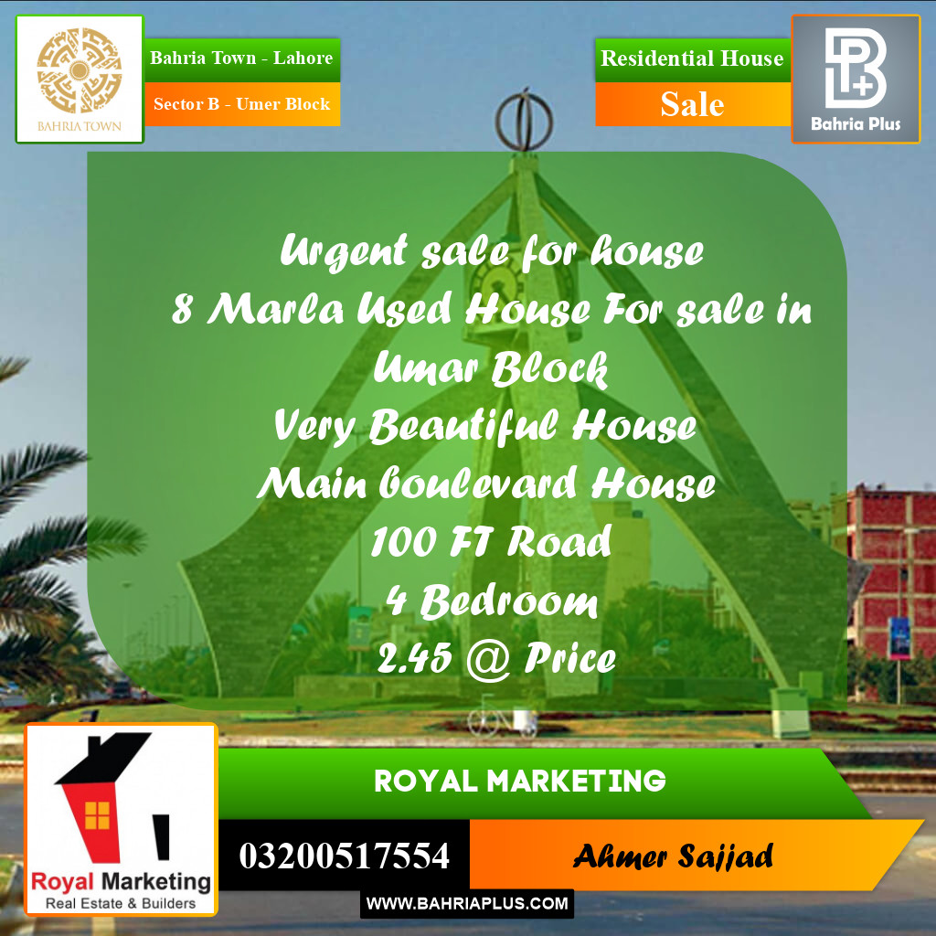 8 Marla Residential House for Sale in Sector B - Umer Block -  Bahria Town, Lahore - (BP-274690)