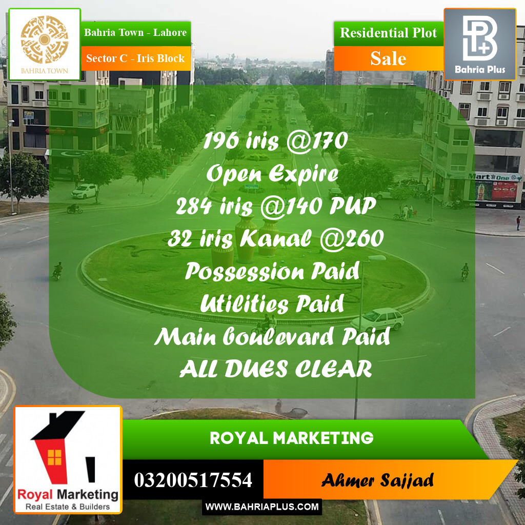 Residential Plot for Sale in Sector C - Iris Block -  Bahria Town, Lahore - (BP-274709)