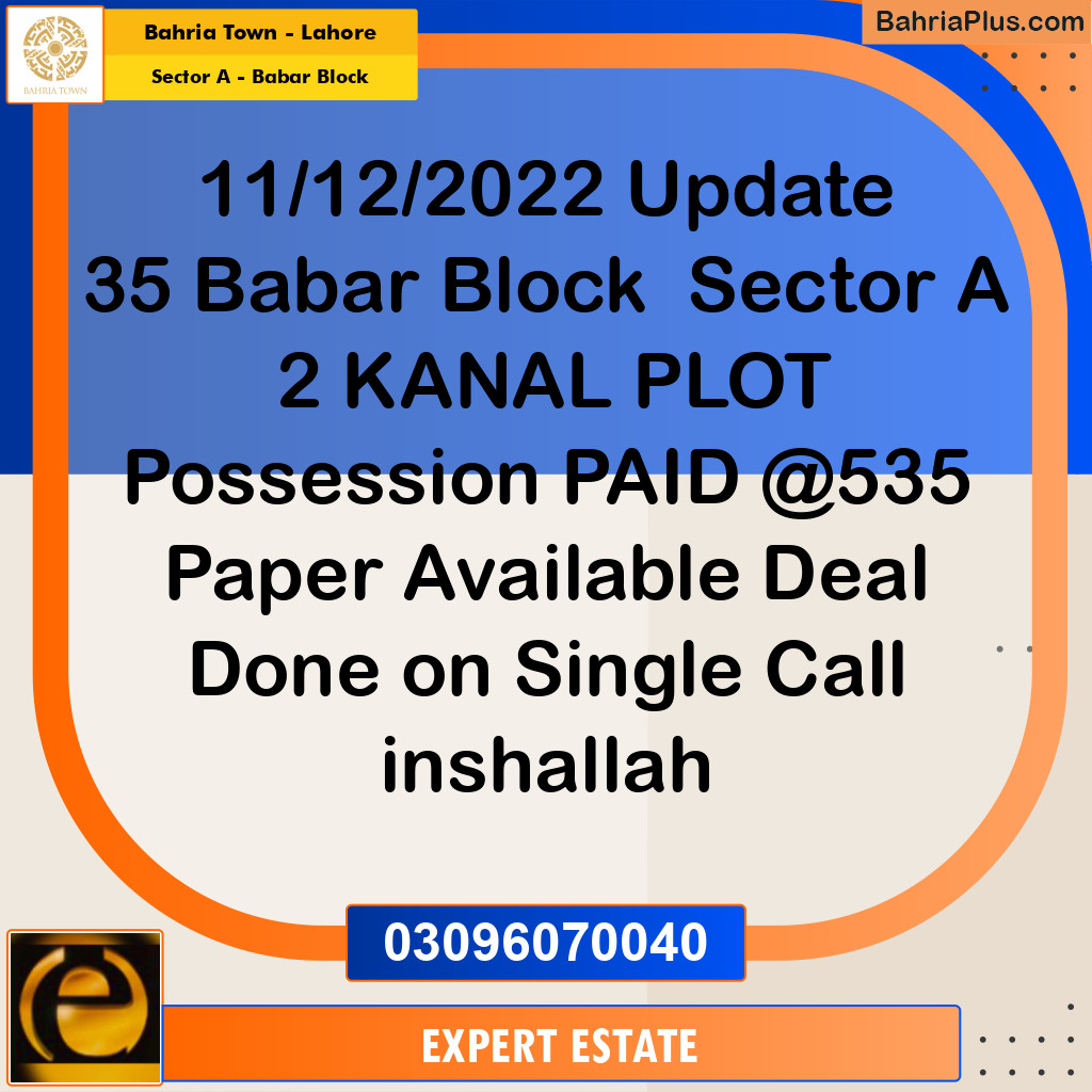 2 Kanal Residential Plot for Sale in Sector A - Babar Block -  Bahria Town, Lahore - (BP-274820)