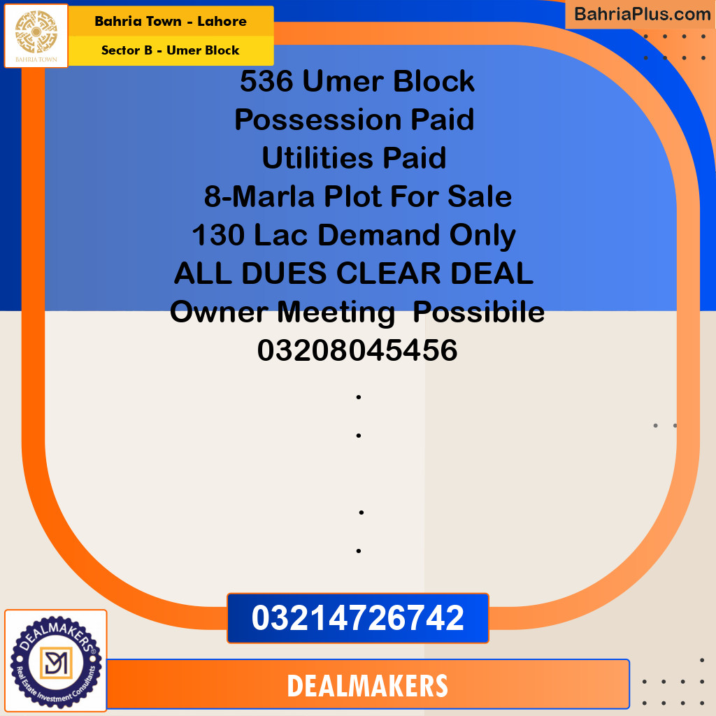 8 Marla Residential Plot for Sale in Sector B - Umer Block -  Bahria Town, Lahore - (BP-275046)