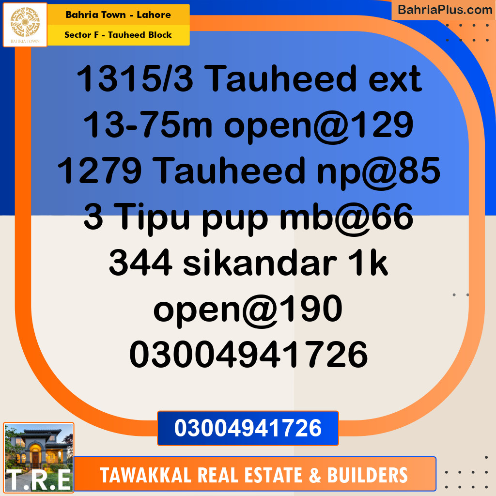 13 Marla Residential Plot for Sale in Sector F - Tauheed Block -  Bahria Town, Lahore - (BP-275127)