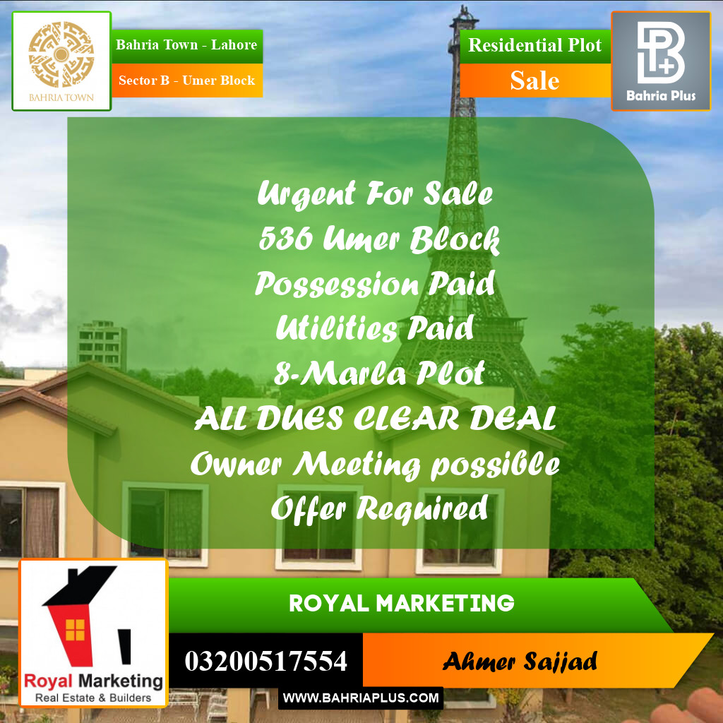 Residential Plot for Sale in Sector B - Umer Block -  Bahria Town, Lahore - (BP-275231)