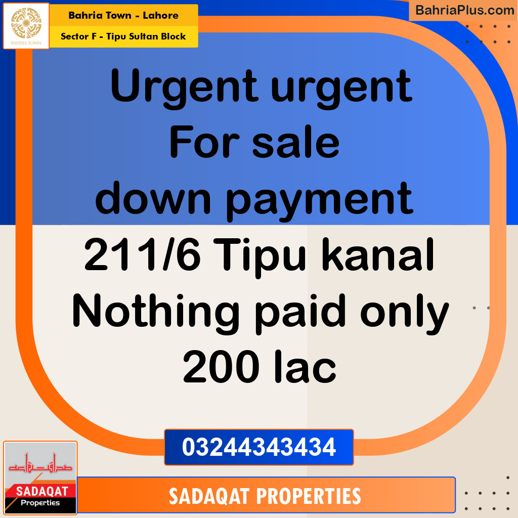 1 Kanal Residential Plot for Sale in Sector F - Tipu Sultan Block -  Bahria Town, Lahore - (BP-275309)