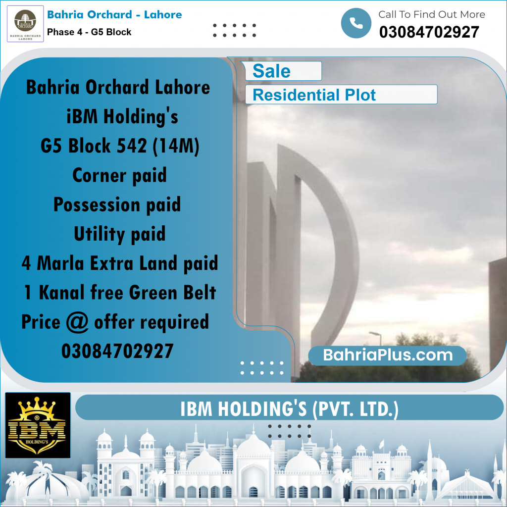 14 Marla Residential Plot for Sale in Phase 4 - G5 Block -  Bahria Orchard, Lahore - (BP-275412)