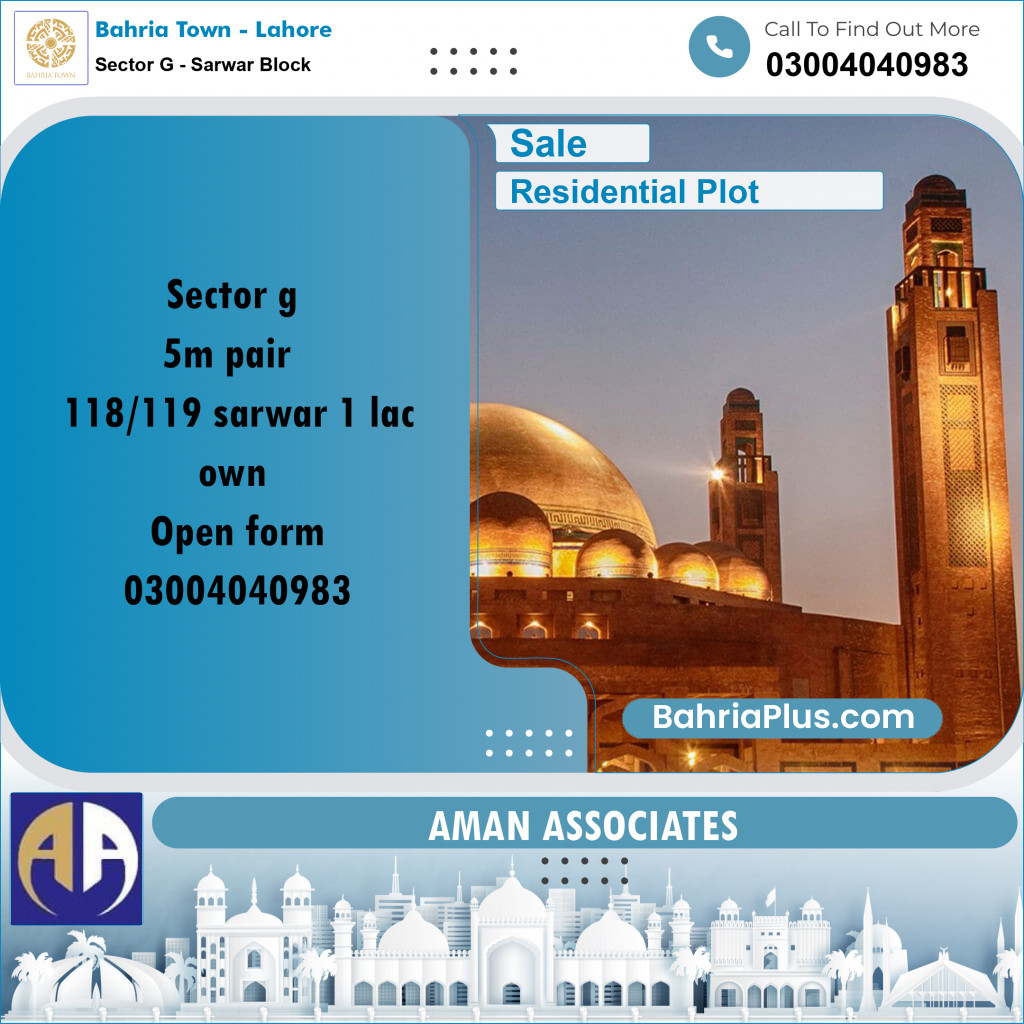 Residential Plot for Sale in Sector G - Sarwar Block -  Bahria Town, Lahore - (BP-275455)