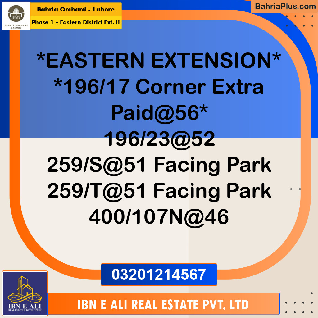 5 Marla Residential Plot for Sale in Phase 1 - Eastern District Ext. II -  Bahria Orchard, Lahore - (BP-275550)