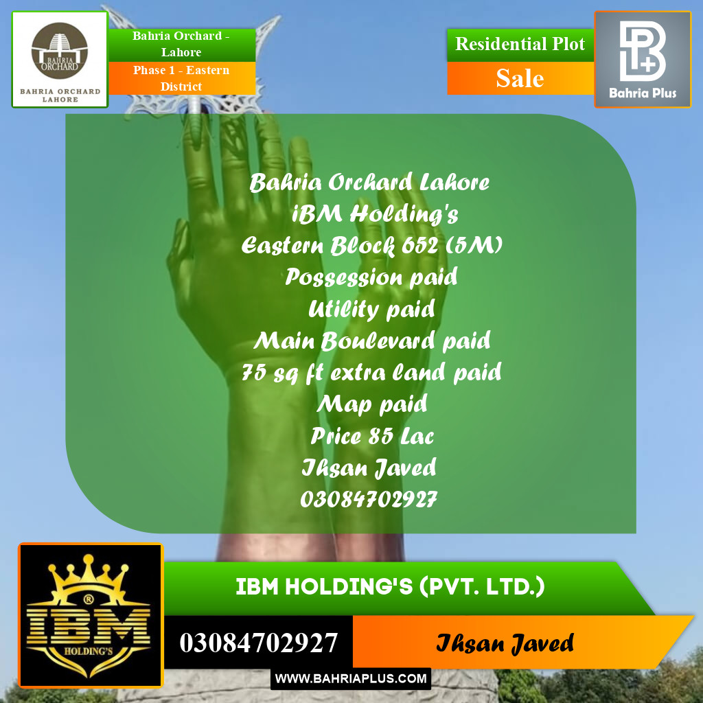 5 Marla Residential Plot for Sale in Phase 1 - Eastern District -  Bahria Orchard, Lahore - (BP-275648)