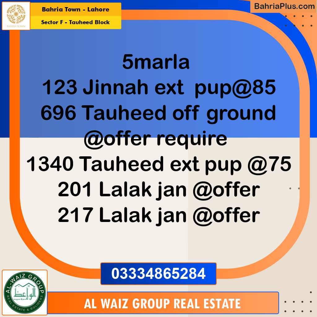 5 Marla Residential Plot for Sale in Sector F - Tauheed Block -  Bahria Town, Lahore - (BP-275741)