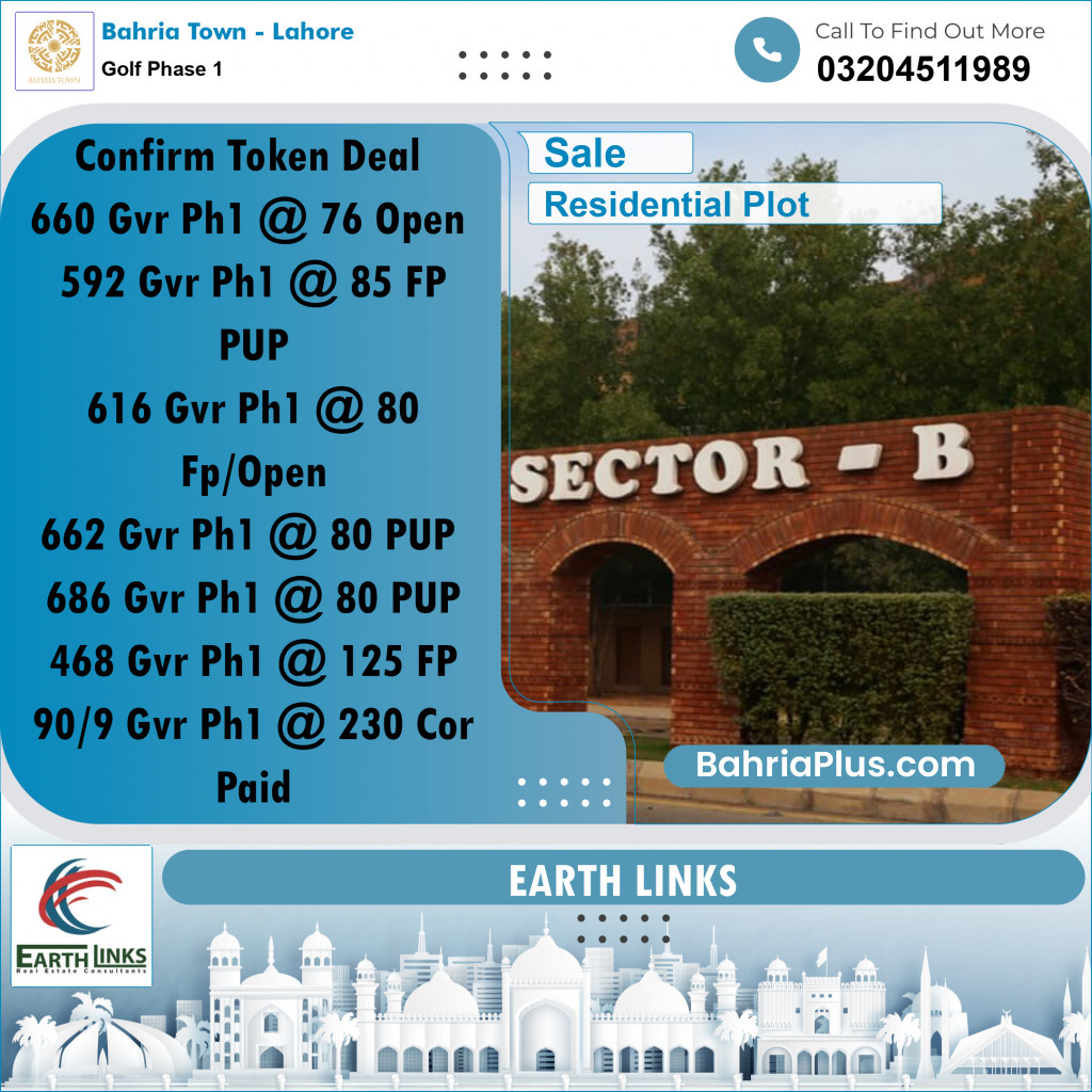 10 Marla Residential Plot for Sale in Golf Phase 1 -  Bahria Town, Lahore - (BP-275827)