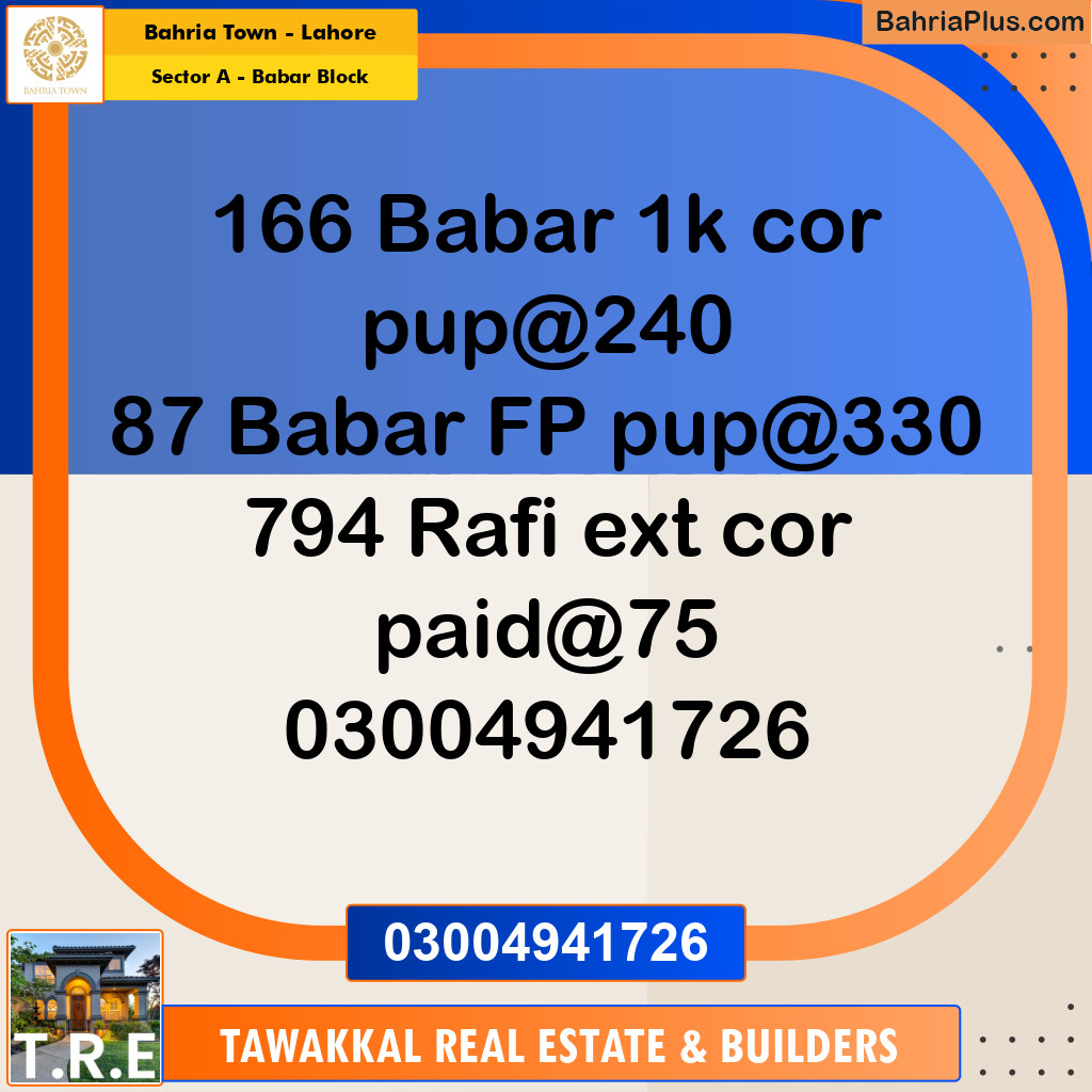 1 Kanal Residential Plot for Sale in Sector A - Babar Block -  Bahria Town, Lahore - (BP-275883)