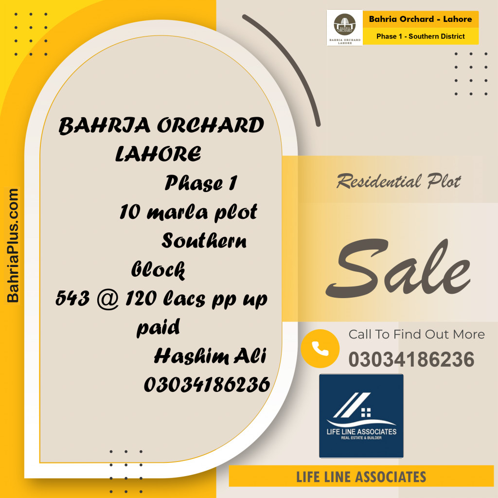 10 Marla Residential Plot for Sale in Phase 1 - Southern District -  Bahria Orchard, Lahore - (BP-275956)