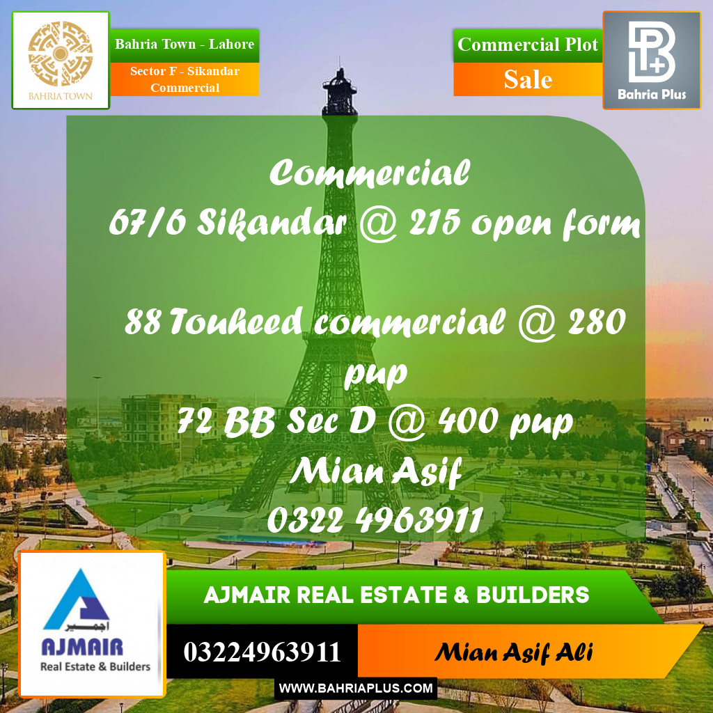 Commercial Plot for Sale in Sector F - Sikandar Commercial -  Bahria Town, Lahore - (BP-275959)