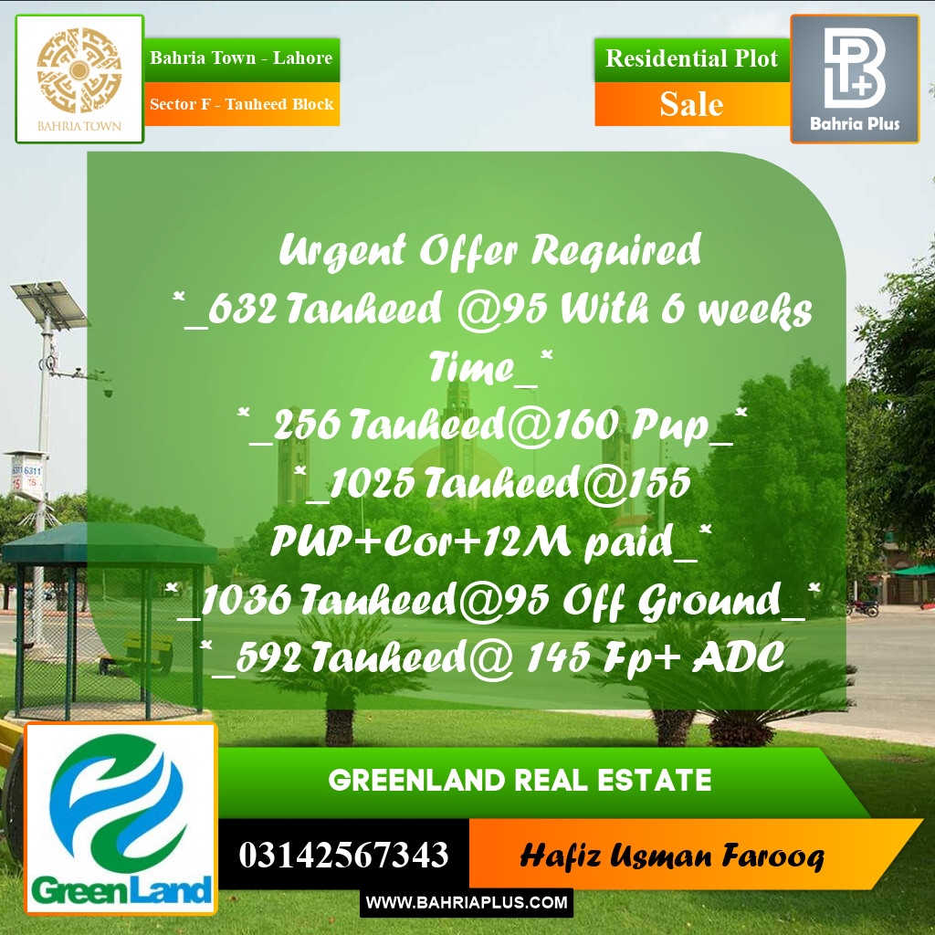 10 Marla Residential Plot for Sale in Sector F - Tauheed Block -  Bahria Town, Lahore - (BP-275983)