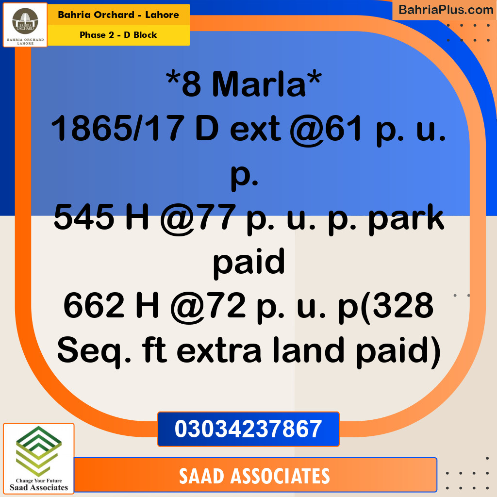 8 Marla Residential Plot for Sale in Phase 2 - D Block -  Bahria Orchard, Lahore - (BP-276170)