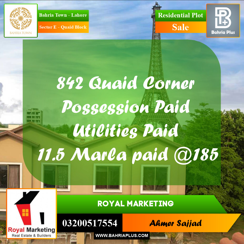 11.5 Marla Residential Plot for Sale in Sector E - Quaid Block -  Bahria Town, Lahore - (BP-276217)
