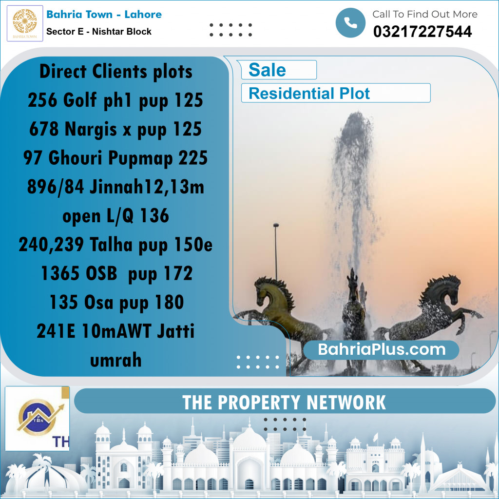 10 Marla Residential Plot for Sale in Sector E - Nishtar Block -  Bahria Town, Lahore - (BP-276234)