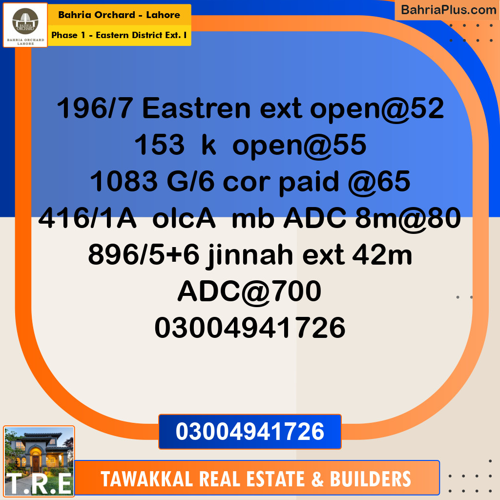 5 Marla Residential Plot for Sale in Phase 1 - Eastern District Ext. I -  Bahria Orchard, Lahore - (BP-276312)