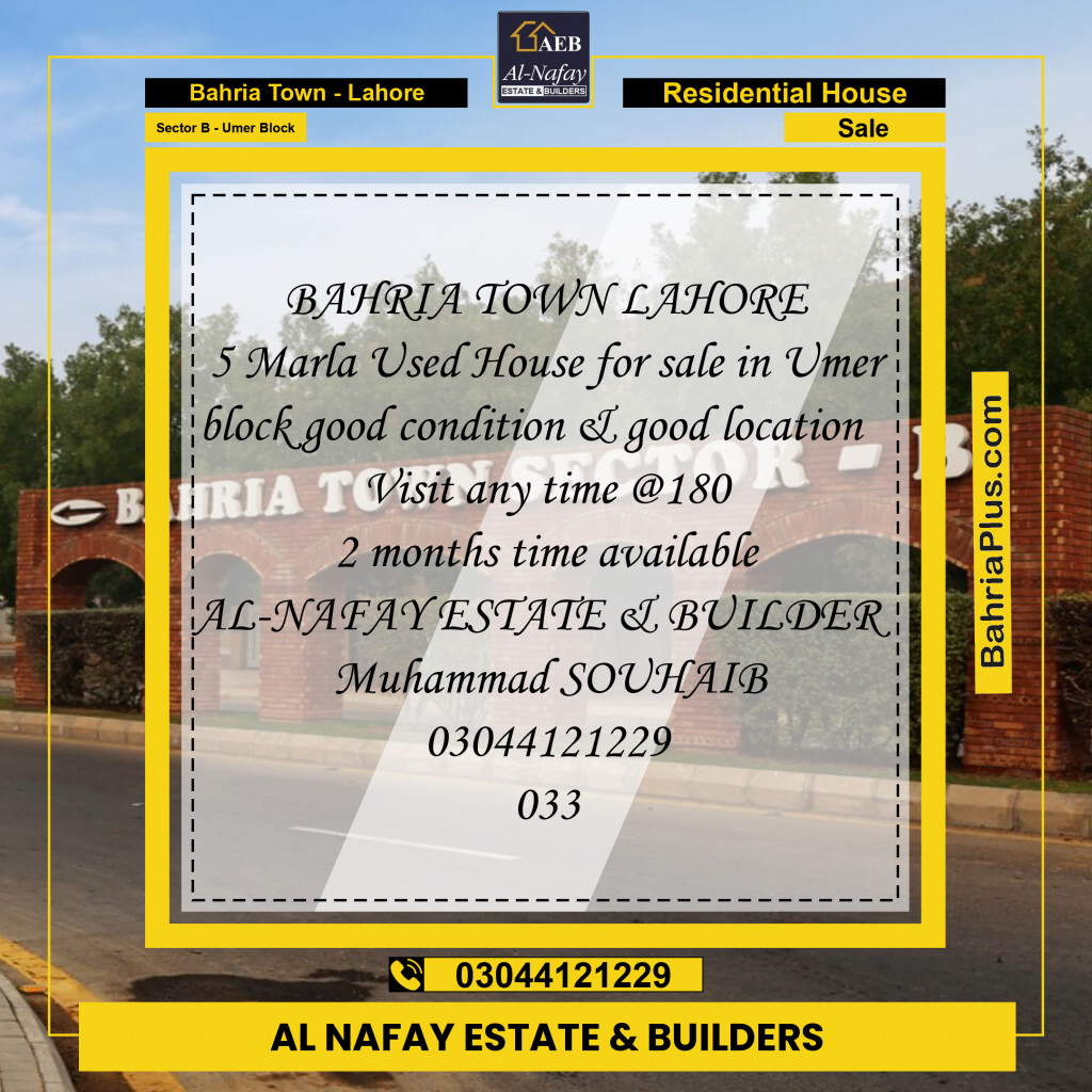 5 Marla Residential House for Sale in Sector B - Umer Block -  Bahria Town, Lahore - (BP-276402)