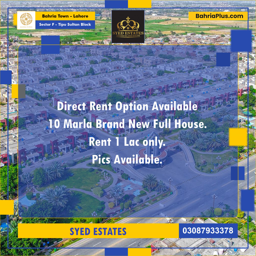 10 Marla Residential House for Rent in Sector F - Tipu Sultan Block -  Bahria Town, Lahore - (BP-276585)