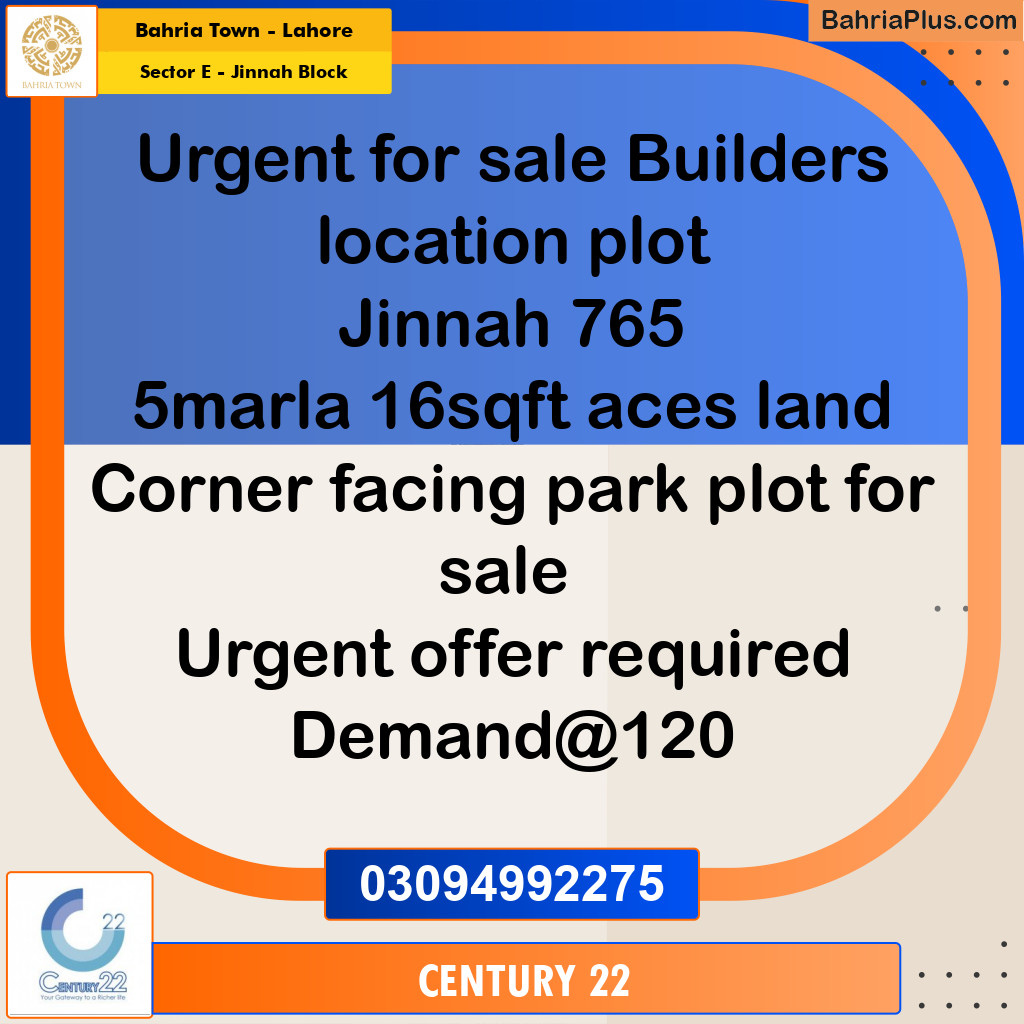 5 Marla Residential Plot for Sale in Sector E - Jinnah Block -  Bahria Town, Lahore - (BP-276610)