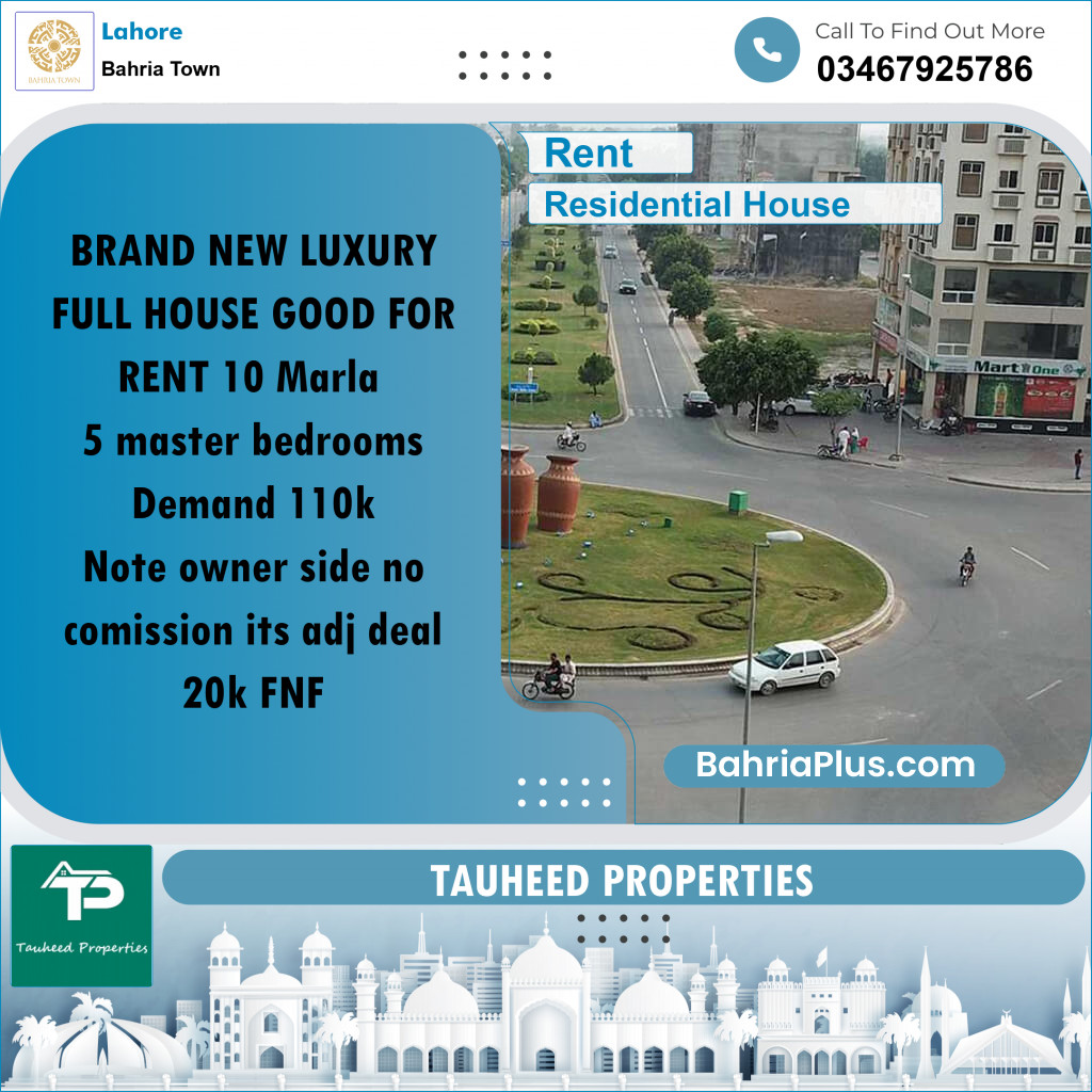 10 Marla Residential House for Rent in Bahria Town, Lahore - (BP-276625)