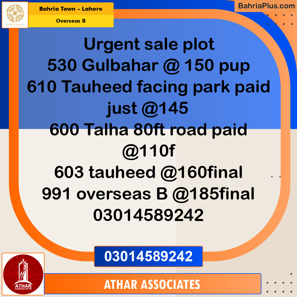 10 Marla Residential Plot for Sale in Overseas B -  Bahria Town, Lahore - (BP-276786)