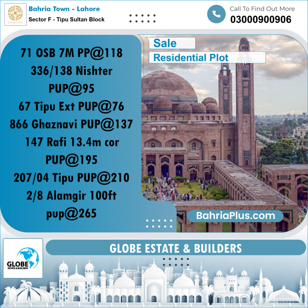 Residential Plot for Sale in Sector F - Tipu Sultan Block -  Bahria Town, Lahore - (BP-276973)