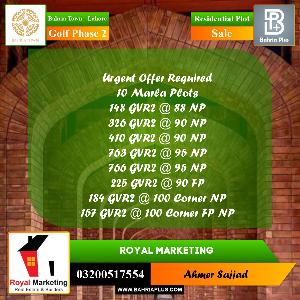 10 Marla Residential Plot for Sale in Golf Phase 2 -  Bahria Town, Lahore - (BP-277080)